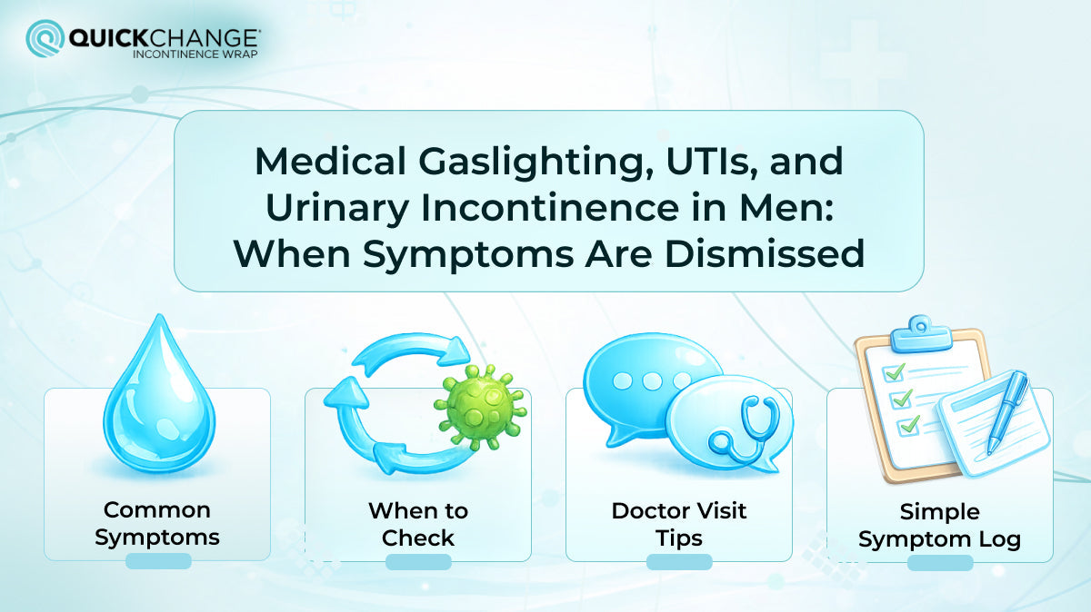 Illustration about medical gaslighting, UTIs and urinary incontinence in men in the UK, with guidance for GP consultations and symptom tracking