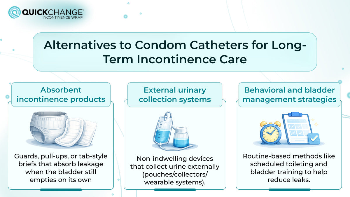 Infographic showing alternatives to condom catheters including absorbent products, external urinary collection systems, and bladder management strategies in The United Kingdom