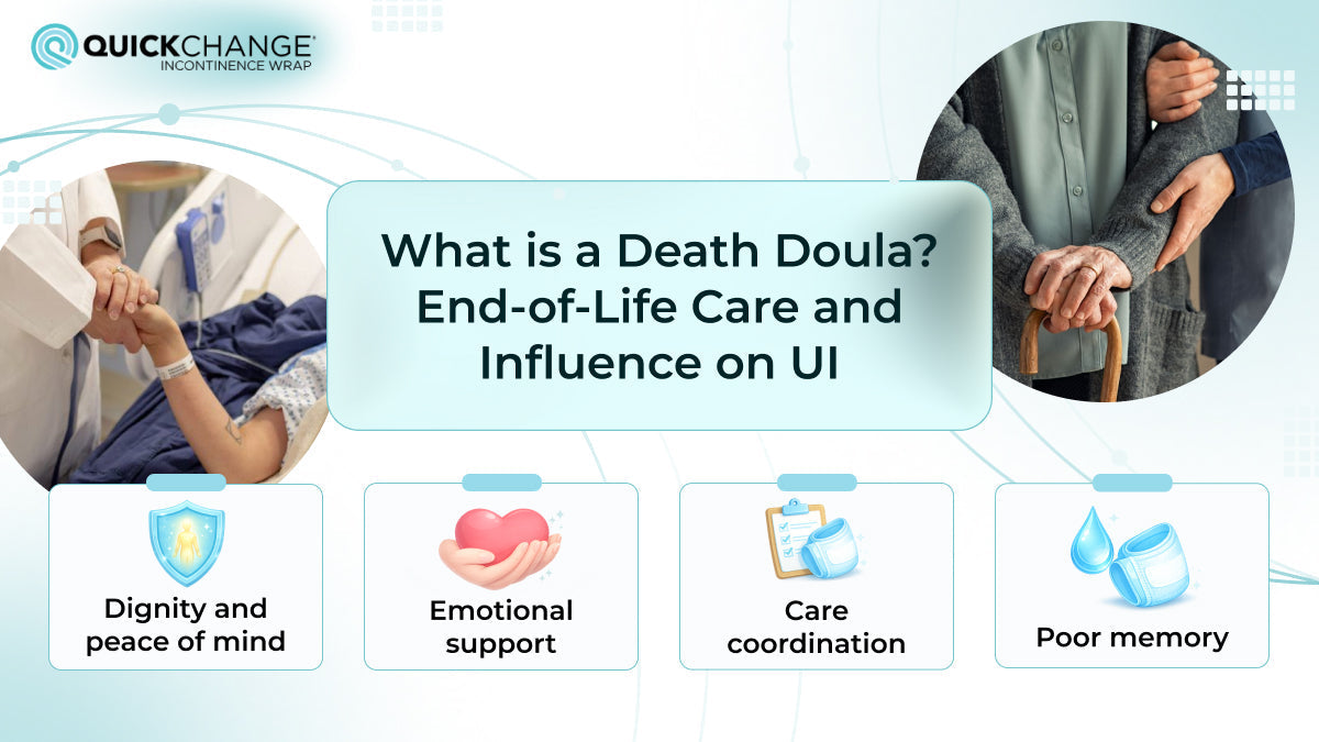Main image about the role of a death doula in end-of-life care and influence on urinary incontinence in the United Kingdom. 