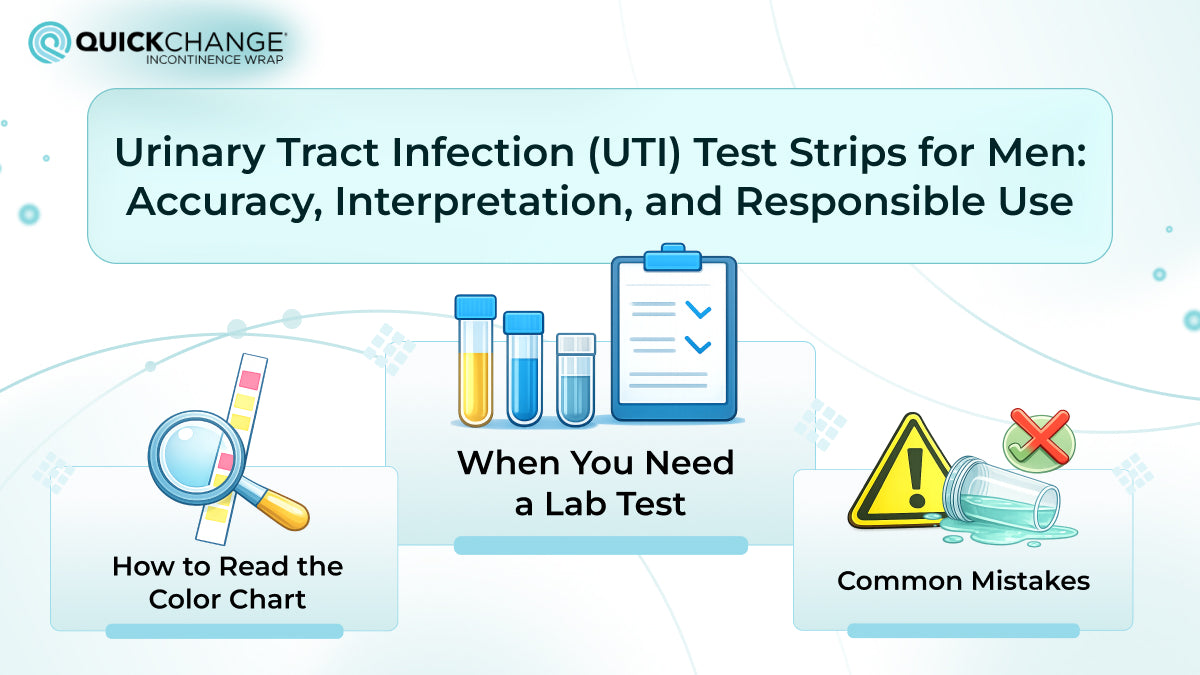 Illustration about urinary tract infection (UTI) test strips for men in the United Kingdom showing accuracy, interpretation of urine dipstick results, and common mistakes in at-home UTI testing